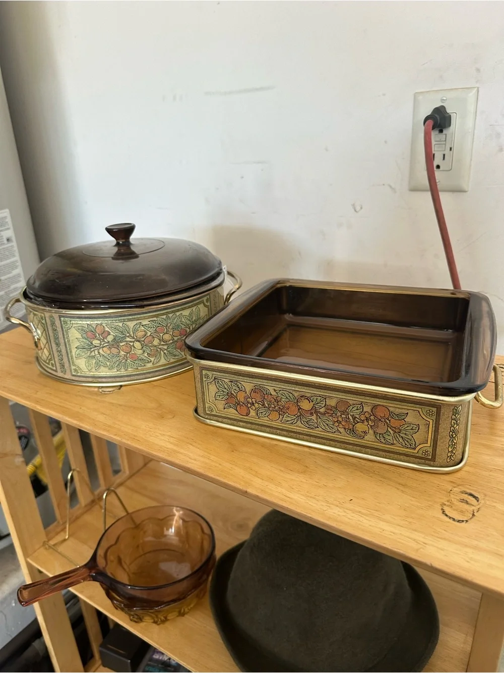Pyrex Amber Glass Lidded Casserole with Gold Fruit Design